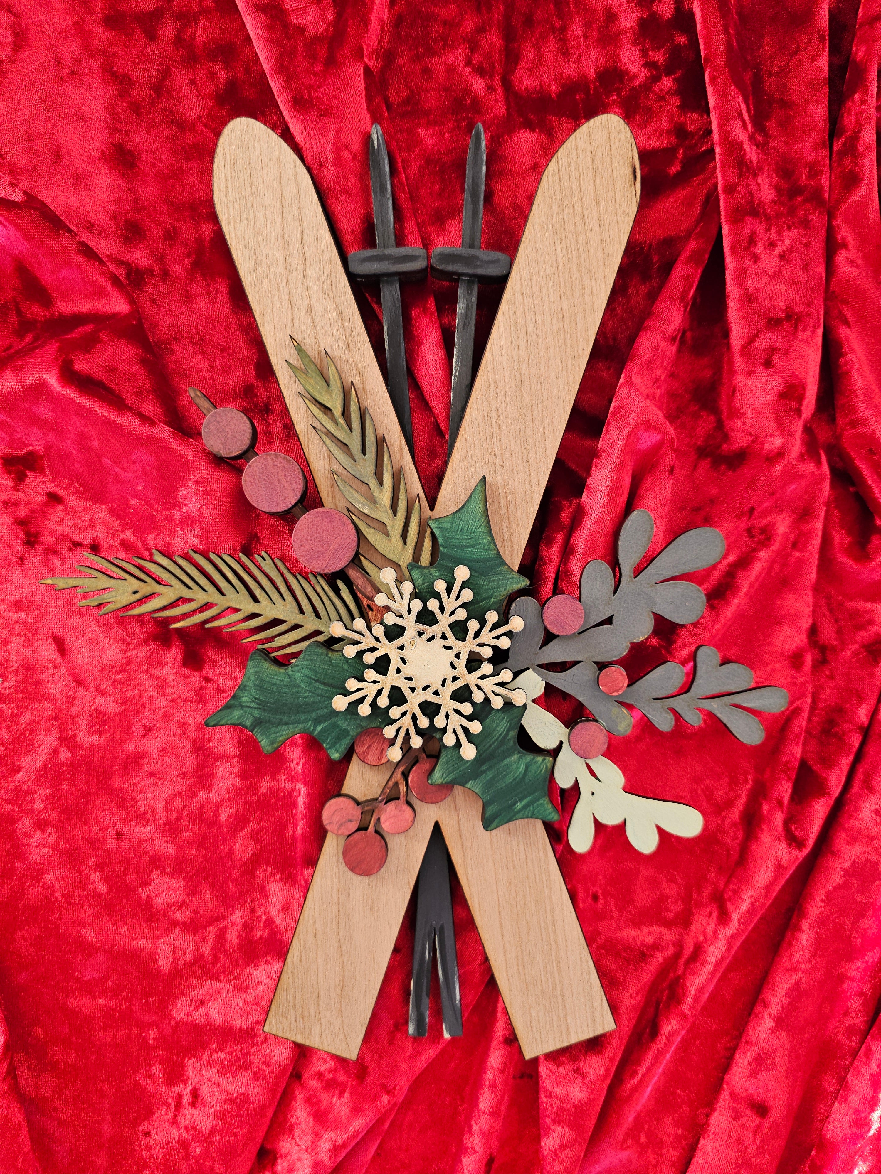 Old-Fashioned Wooden Winter Skis Shelf Leaner